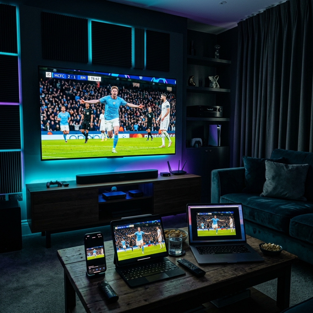 PLIMA4K IPTV Bewertung — Multi-Geräte-Heimkino-Setup mit 4K-Fußball